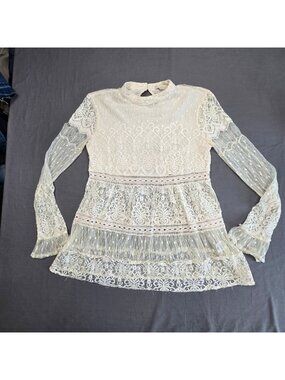 Hinge S Womens Long Sleeve Lace Top Cream Boho Romantic Sheer Victorian Peplum